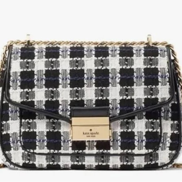 NWT Kate Spade Black, White, Blue Carey Checked Tweed Medium Shoulder Bag Chain - Picture 2 of 15